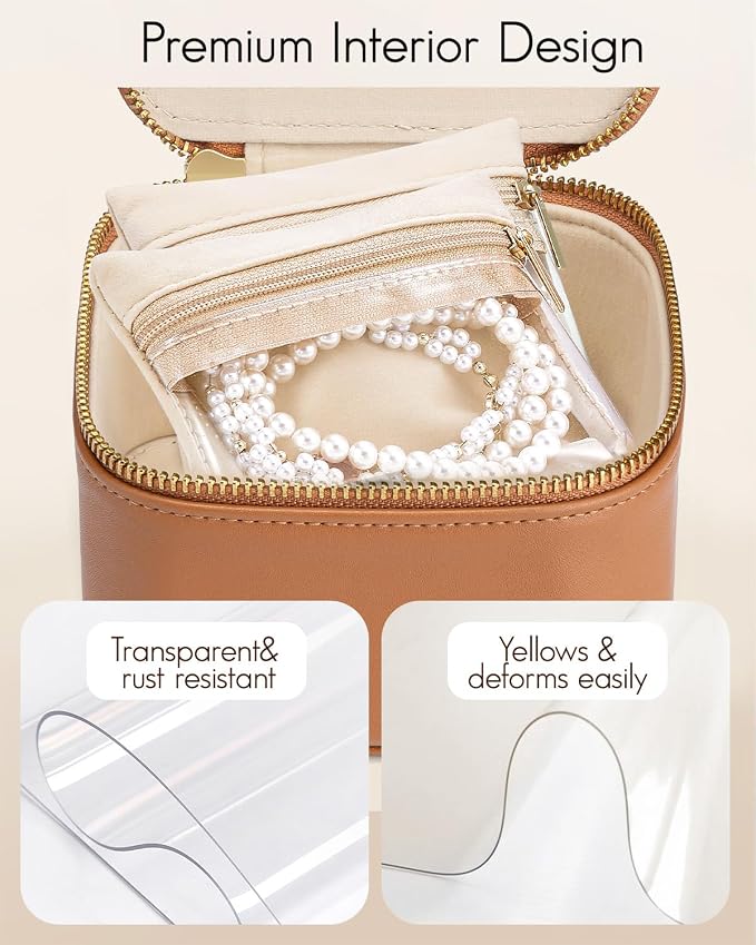 VLANDO Travel Jewelry Case,Valentines Gifts,Small Jewelry Box Organizer,Travel Jewelry Storage with 6 Velvet Jewelry Zipper Pockets, Birthday Gifts for Women Girls (Brown) - Image 3