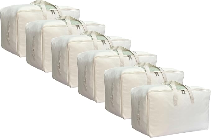 DoYiKe Soft Large Canvas Comforter Storage Bags with Four Carrying Handles and Clear Window, Closet Organizer for Clothing, Blankets Sheets Pillows and Bedding, 80L, 6 Pack, Beige by DoYiKe