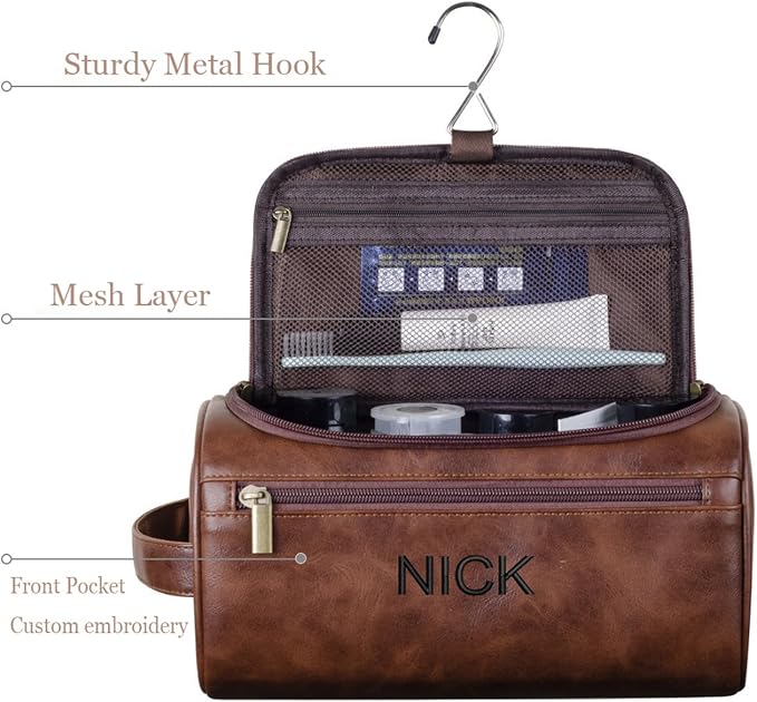 GOPHIE Personalized Embroidered Men's Leather Toiletry Bag,Travel Toiletry Bag for Men,PU Leather Waterproof Travel Shaving Dopp Kit (3, Dark Brown) - Image 3