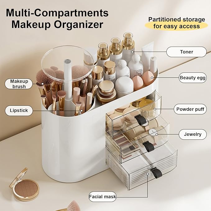 DASITON Makeup Organizer with 3 Drawers,Automatic Lifting Makeup Brush Holder with Lid,Large Capacity Makeup Organizers for Vanity,Bathroom Countertop,Ideal Storage Skin Care,Brushes,Lipstick (White) - Image 2