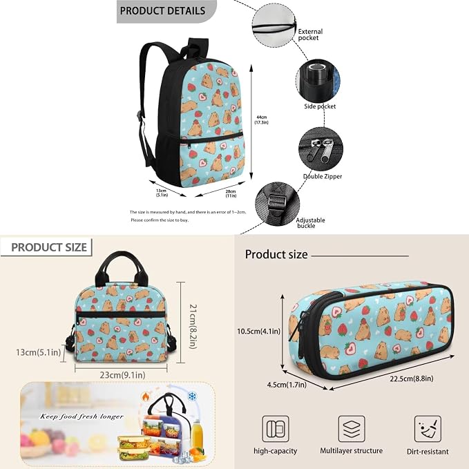 Blue Capybara Strawberry Girls Elementary School Backpack with Lunch Box Pencil Case School Bag Sets Kids Bookbags 3 in 1 - Image 7