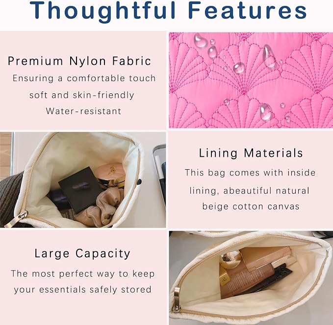 RSRSLEII Quilted Cotton Coquette Makeup bag, Coastal Granddaughter Aesthetic Cosmetic Bag, Cute Seashell Portable Travel Toiletry Pouch (10 Hot Pink) - Image 3