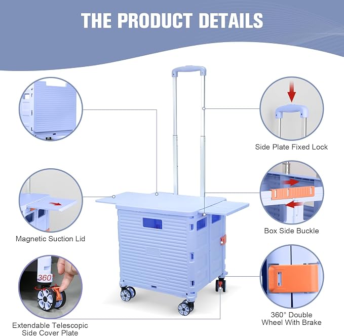FELICON SELORSS Folding Utility Cart Portable Rolling Crate Handcart-Blue | Magnetic Sliding Lid,Telescoping Handle,Plastic Box Dolly,360°Swivel Wheels for Travel Shop Move Laundry Office Teacher Use - Image 3