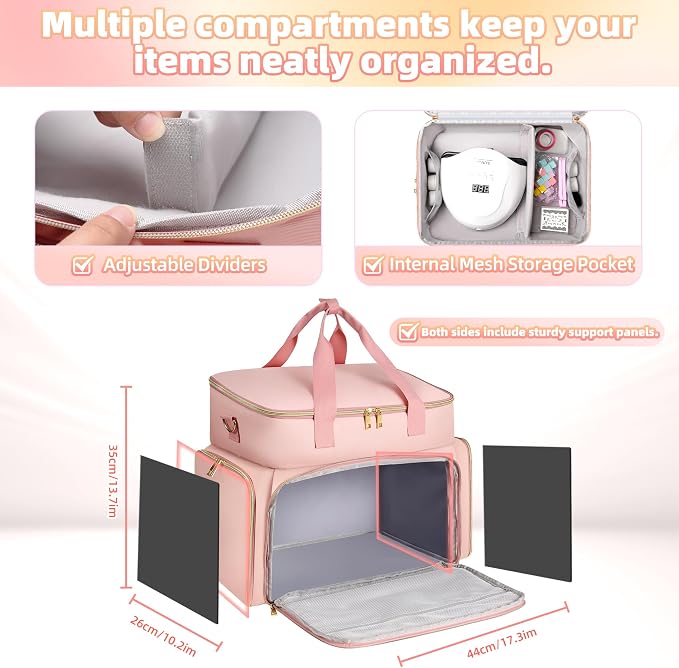 DERSTUEWE Nail Polish Organizer Case – Waterproof Travel Bag with Hard Bottom – Double Layer Nail Storage Bag with Adjustable Dividers & Nail Lamp Compartment (Pink) - Image 4