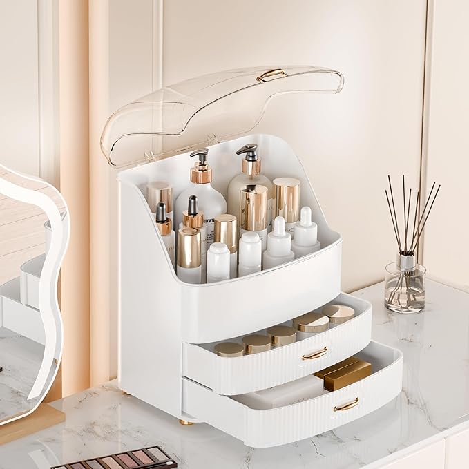 Makeup Organizer Countertop Vanity with Transparent Lid Drawers Waterproof Dustproof Cosmetic Skincare Bathroom Storage Gift for Women Teens Girls (White) - Image 3