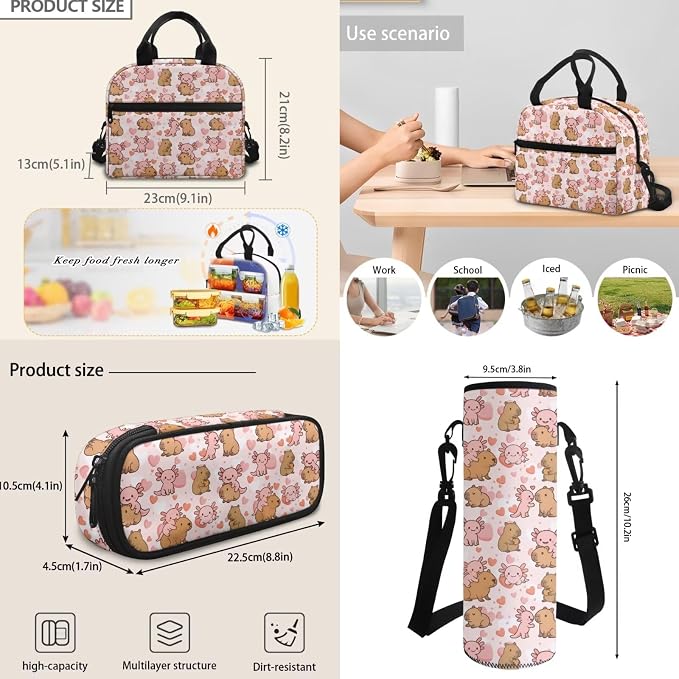 Girls Axolotl Capybara Backpack Set, Pink Love Elementary School Backpacks for Kids, 17 Inch Backpack Bookbag with Lunch Box Pencil Case Water Bottle Bag for School Travel Hiking, 4 Pcs - Image 6
