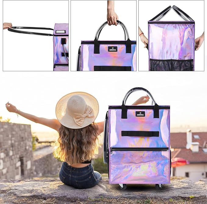 Large Reusable Grocery Bag On 5 Wheels, 130L Foldable Rolling Tote Bag, Heavy Duty Shopping Cart with Multiple Pockets, Rolling Grocery Bag, Zipper Closure & Handles for Shopping Travel, Purple - Image 6