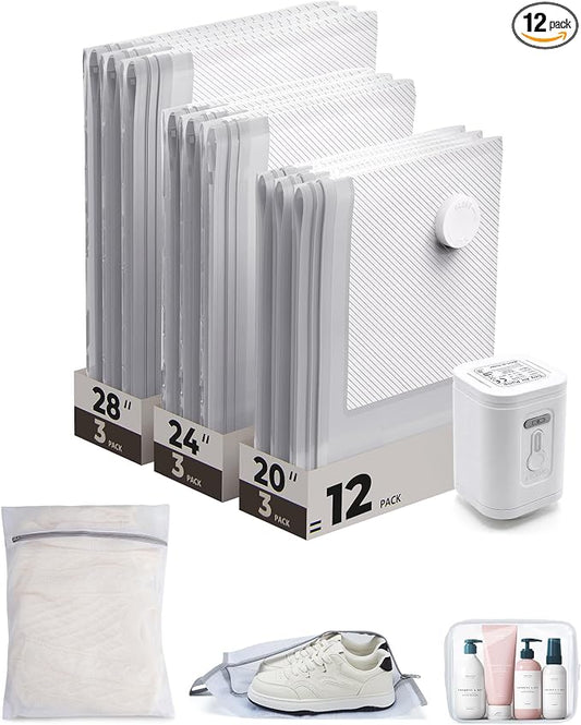 BAGSMART Vacuum Seal Storage Bags for Clothing Travel, 12 Pack Travel Essentials Bundle includes Laundry Bag & Waterproof Shoe Bag & TSA Approved Toiletry Bag, Hand Pump Included by BAGSMART