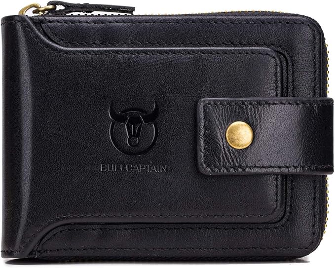 BULLCAPTAIN Genuine Leather Wallet for Men Large Capacity ID Window Card Case with Zip Coin Pocket QB-231 (Black)