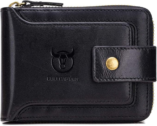 BULLCAPTAIN Genuine Leather Wallet for Men Large Capacity ID Window Card Case with Zip Coin Pocket QB-231 (Black)