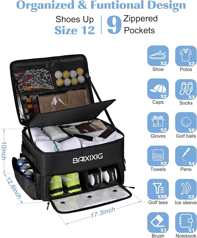Golf Trunk Organizer, Waterproof Car Golf Locker with Separate Ventilated Compartment for 2 Pair Shoes, Golf Storage for Balls, Tees, Cap, Clothes, Gloves, Accessories, Gifts for Men, Women - Image 5