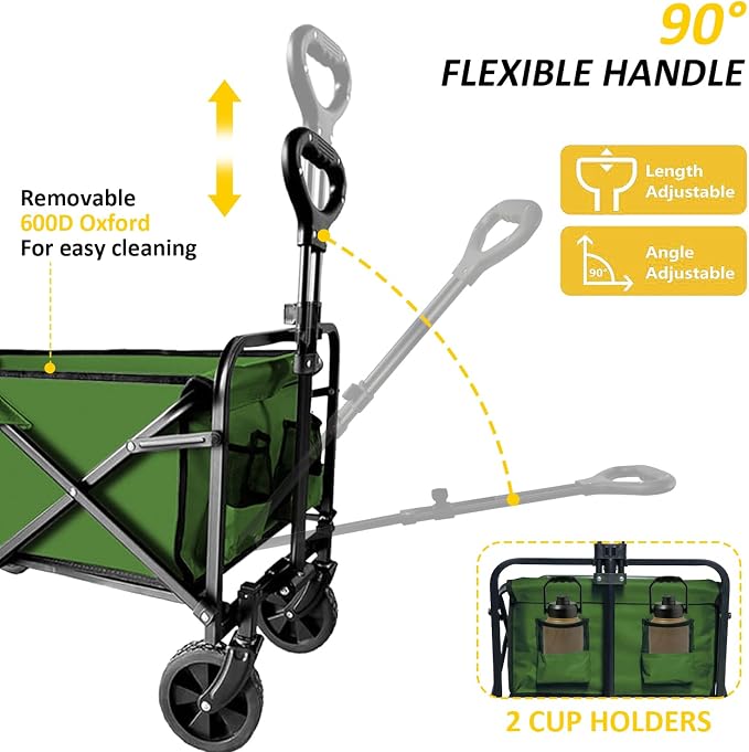 Collapsible Wagon with Quiet Wheels - Silent Grocery Shopping Cart for Seniors, Foldable Utility Cart for Laundry & Apartment, Washable Heavy Duty Rolling Wagon with Two Mesh Pockets, Green - Image 3