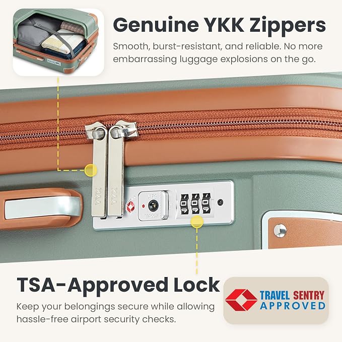 5 Piece Luggage Sets PP Hardshell with Duffel & Toiletry Bag, Carry-on Suitcase Set (20/24/28) with Detachable Spinner Wheels, YKK Zippers & Corner Guards, Lightweight TSA Lock (Sage Green) - Image 4