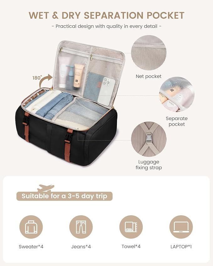LOVEVOOK 50L Travel Backpack for Women, TSA Approved Carry On Backpack with 3 Packing Cubes, Personal Item Bag Fits 17" Laptop, Water-resistant Carry On Bag for Airplanes - Image 6