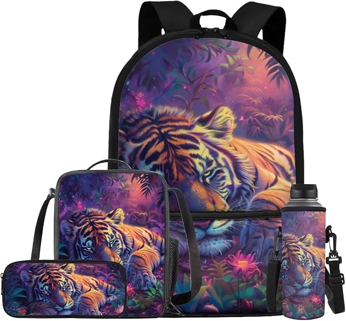 Tiger Backpack for Kids Girls Backpack with Lunch Box Water Bottle Holder with Strap and Soft Pencil Case 4PCS Set Bookbag with Front Pocket 17 inch Large Capacity School Bag with Side Pocket by ELEDIZI