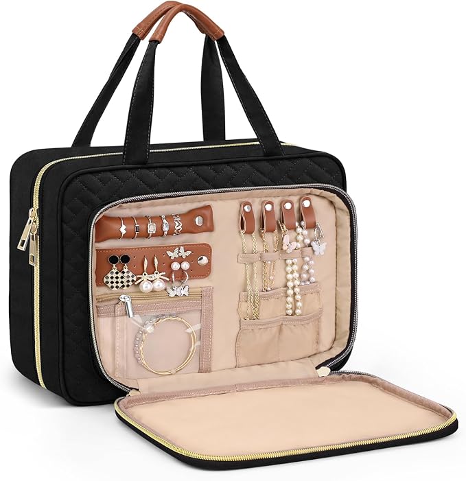 Wedama Toiletry Bag for Women, Hanging Travel Toiletry Bag with Jewelry Organizer Compartment Medium Makeup Bag, PVC Waterproof Cosmetic Travel Bag Trips Camping Bathroom, Black+Brown by Wedama
