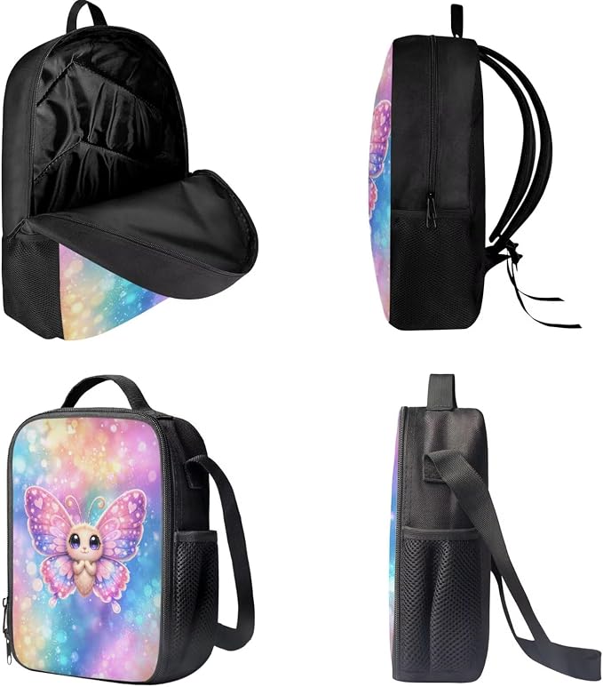 Forchrinse Cartoon Butterfly Backpack for Girls Kids Backpacks with Lunch Box Pencil Case 3PCS Bookbag Set 17 inch School Bag for Elementary School - Image 5