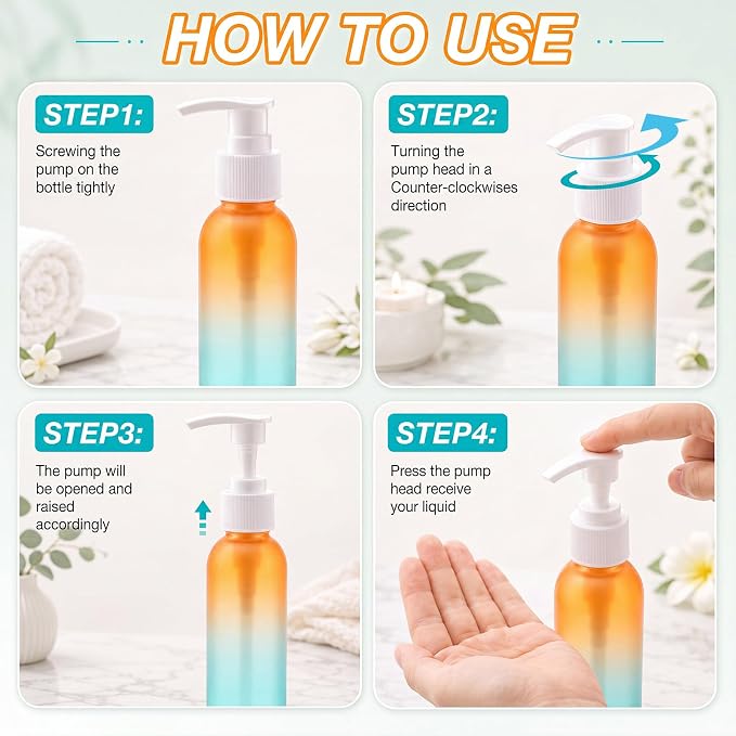 Nuenen 48 Pcs Refillable Empty Lotion Bottles 4oz/120ml Plastic Pump Bottles Conditioner Shampoo Dispenser Leak Proof Pump Container for Body Wash, Creams, Liquid Soap(Orange Green Gradient) - Image 4