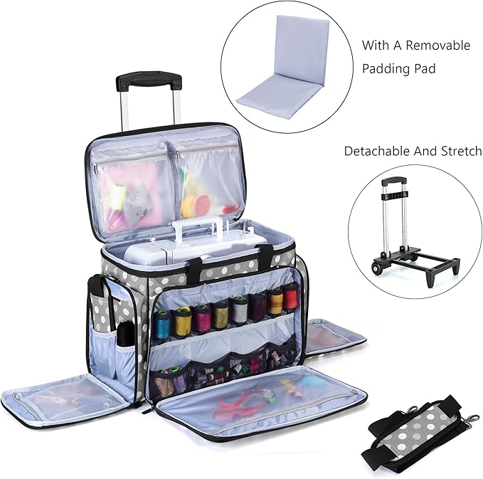 LUXJA Sewing Machine Case with Detachable Dolly, Gray Dots | Rolling Tote with Removable Bottom Pad for Most Standard Sewing Machines, Patented Design - Image 2