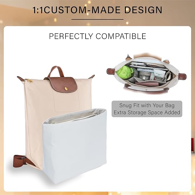 Soft Nylon Purse Organizer Insert for Longchamp Le Pliage M Backpack,Lightweight Luxury Long Champ Medium Backpack Divider Shaper,Zipper Bags Inner Linner with 4 Deepened Pockets,M/Beige - Image 6