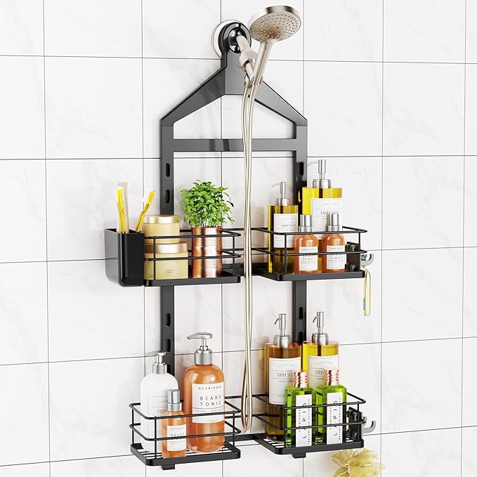 ODesign 2 Tier Shower Caddy for Handheld Shower Heads Anti-Swing Black | No drilling required,comes with removable hook and storage box,suitable for handheld and wall-mounted showerheads by ODesign