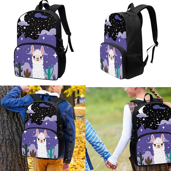 3Pcs Cute Alpaca Cactus Backpack Sets, Kids Bookbag Primary School Daypack Elementary Students Knapsack with Insulated Lunch Box Pencil Case for Teens Girls - Image 2