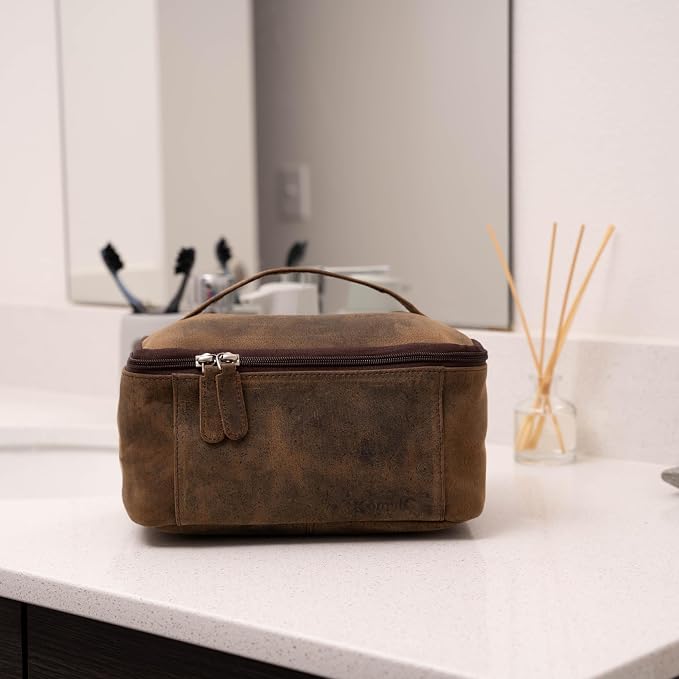 KomalC Leather Toiletry Bag For Men & Women, Handcrafted Travel Kit, Water-Resistant Shaving Bag For Men Travel, Premium Rustic Toiletry Pouch with Zipper Closure (1 Zip Hunter) - Image 2