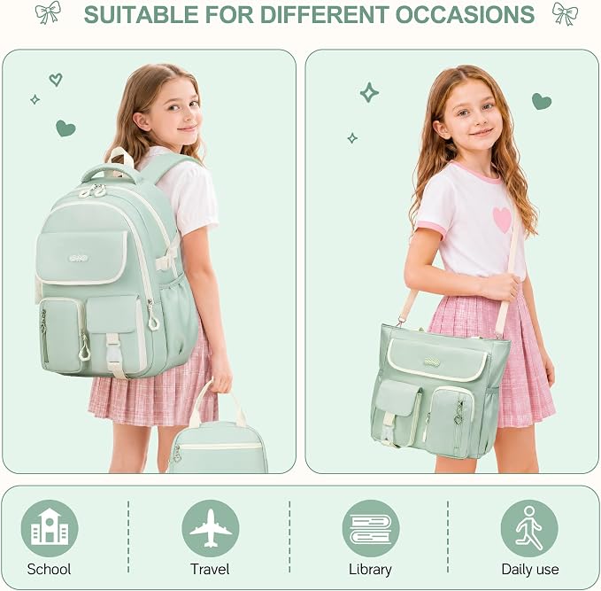 DIGOBAY Backpacks for Girls, 4PCS School Girls Backpack with Tote Bag Lunch Box Pencil Pouch for Teen Kids Elementary Primary Middle High College Travel School bag Bookbag Set, Green - Image 4