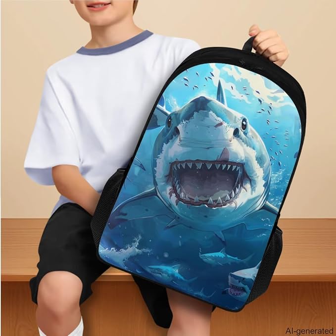 Shark Backpack for Boys Kids Backpack with Lunch Box Water Bottle Holder and Soft Pencil Case 4 in 1 Set Bookbag with Compartments for School Teens 17 inch Lightweight School Bag for Girls - Image 3