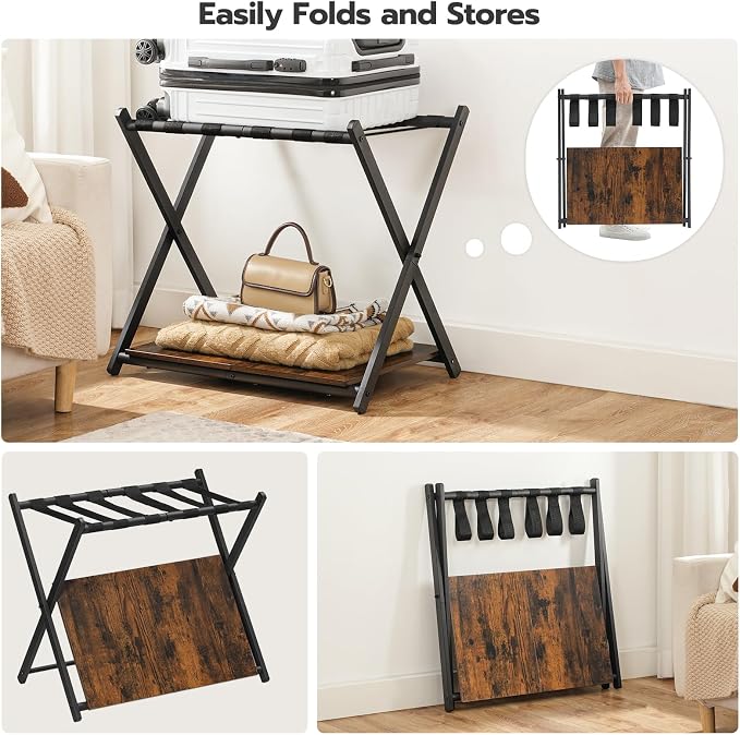 HOOBRO Folding Luggage Rack, Suitcase Stand Holder with Wooden Storage Shelf, Holds up to 110 lb, 27.2 x 15.7 x 24 Inches, for Guest Room, Bedroom, Closet, Hotel, Rustic Brown and Black BF68XL01G1 - Image 2