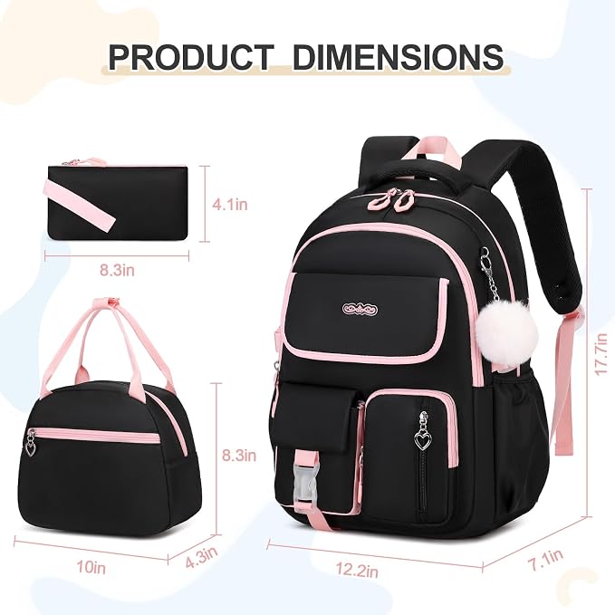 DIGOBAY Backpacks for Girls, 3PCS School Backpack with Lunch Box Pencil Pouch for Teen Girls Kids Elementary Primary Middle High College School Bookbag Set （Black-Pink） - Image 2
