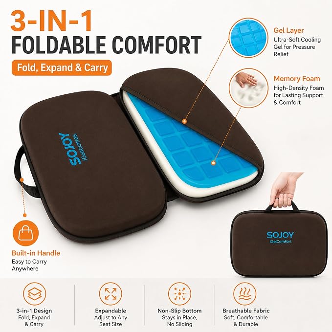 Sojoy 3-in-1 Foldable Gel Seat Cushion with Memory Foam Ergonomic Portable Cushion for Back Pain & Tailbone Relief - Perfect for Office Chair, Airplane Travel & Stadium Seats (18.5" x 15" x 2" Brown) - Image 2