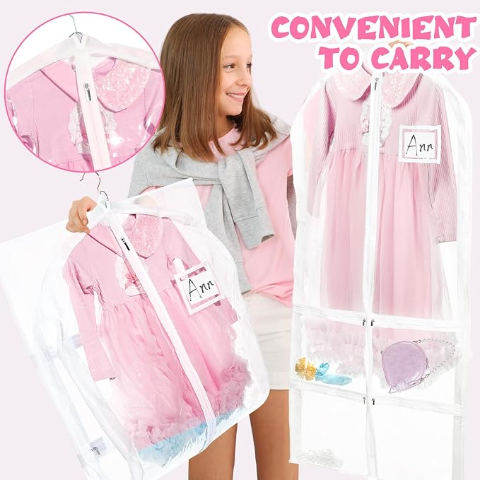 6 Pcs 24'' x 50'' Clear PVC Garment Bag Dance Costume Competition Bag with Rack Zippers Pockets Hanging Garment Covers Costume Organizer Costume Carrier for Adults Kids(Transparent White) - Image 4