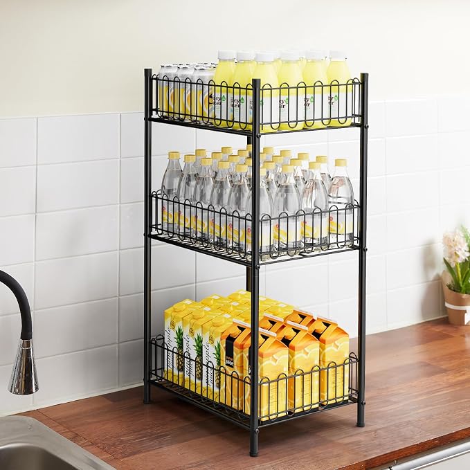 OYEAL Water Bottle Holder Rack 3 Tier Soda Drink Organizer Vertical Metal Food Storage Shelf for Kitchen Countertop Pantry, Can Storage Organizer for Pantry - Image 5