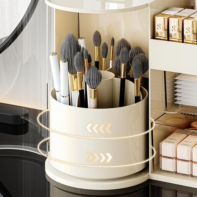 Makeup Organizer with Rotating Brush Holder Cosmetic Organizer with Drawers Countertop Skincare Organizer for Vanity,Cosmetic Display Case Storage (Cream, Large) - Image 7