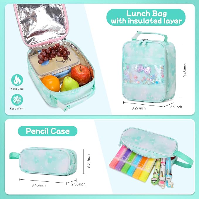 Jafeton Backpacks for Girls, Girls Backpack with Insulated Lunch Box and Pencil Case for Kids Teens Elementary Middle High School Student, Cute Bow School Bag Travel Daypacks Book Bag Set (Green) - Image 6