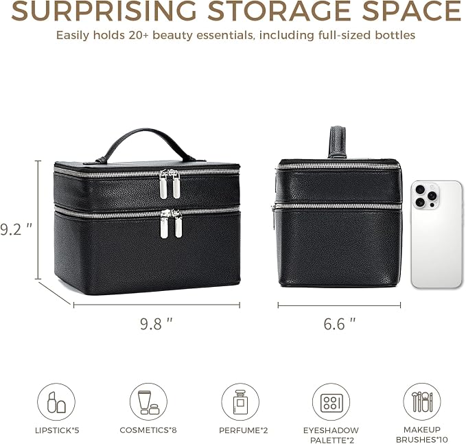 BAGOK Double Layer Makeup Vanity Case, Large Capacity Cosmetic Bag with Removable Divider & Brush Organizer, Travel Toiletry Bag for Women, Portable PU Leather Organizer with Handle - Image 8
