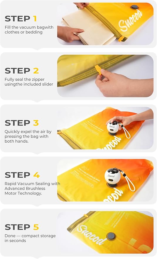 Travel Vacuum Bags with Pump, 15 Pack Vacuum Storage Bags for Clothing, Brushless Motor Type-C Rechargeable Pump, Compression Packing Bags for Travel, Suitcase, Closet and Home Storage, White - Image 6
