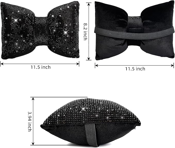 4 PCS Bling Car Pillows,Rhinestones Bowknot Car Headrest Pillow,Black | Car Neck Pillow for Driver Relax Neck Support,Sleeping Travel Support Neck Pillow,Diamond Interior Accessories for Women - Image 4