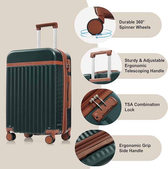 Hardshell Luggage, Lightweight Suitcase with Spinner Wheels, DARK GREEN+USB - Image 2