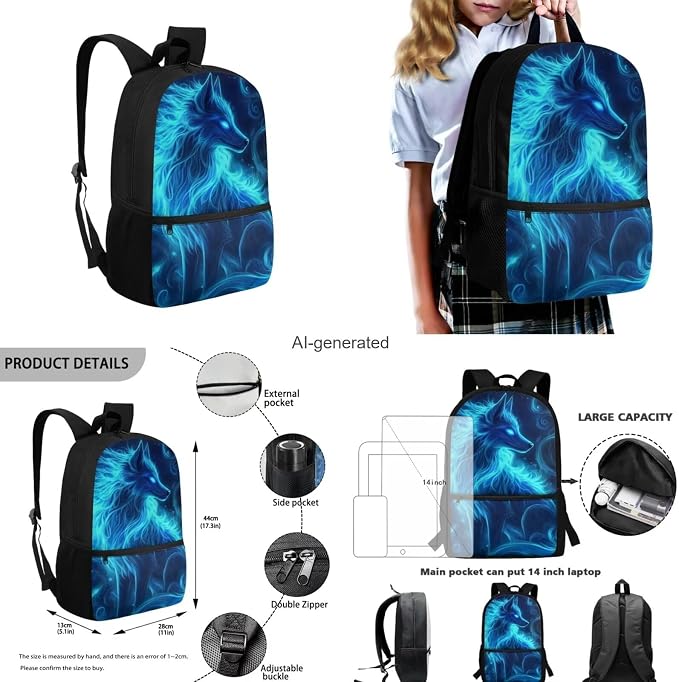 Galaxy Wolf Backpack for Girls Boys Backpack with Lunch Box Water Bottle Bag and Soft Pencil Case 4PCS Set Bookbag with Front Pocket for School 17" Lightweight Elementary School Bag for Kids - Image 3