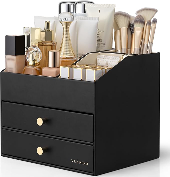 VLANDO Makeup Organizer for Vanity,Large Capacity Countertop Organizer with Drawers, PU Leather Cosmetic Display Case for Lipstick,Brushes,Skincare,Bedroom Storage (Black) by VLANDO