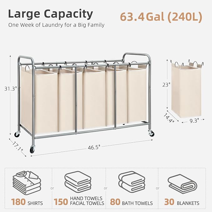 STORAGE MANIAC 5 Section Laundry Sorter, 5 Bins Rolling Separator Laundry Basket, Dirty Clothes Hamper Divider with Heavy Duty Lockable Wheels, Large Clothes Organizer Cart, Beige - Image 4