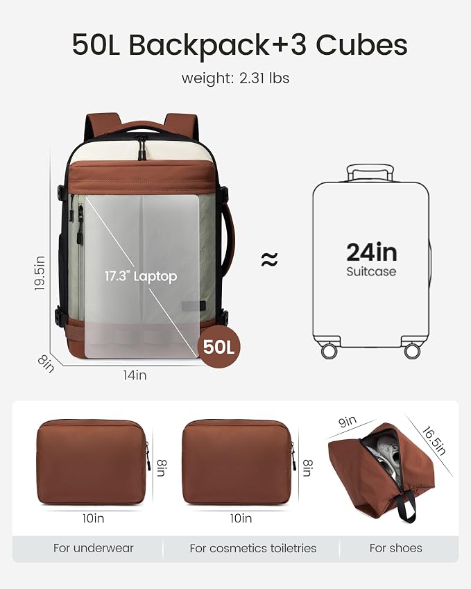LOVEVOOK 50L Travel Backpack for Women Men, Airline Approved Carry On Luggage with 3 Cubes Accessories, TSA Personal Item Travel Cruise Essentials, Waterproof Weekender Overnight Bags fits 17" Laptop - Image 5