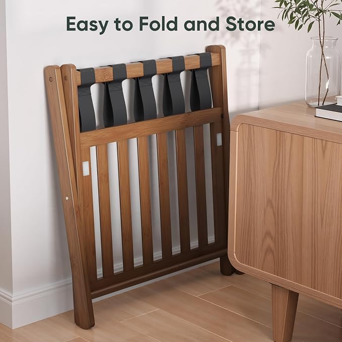 Smart FENDEE 26.77“ Fully Assembled Dark Walnut Luggage Racks with Folable Storage Shelf, 5 Heavy-Duty Straps Bamboo Suitcase Stand, Luggage Holders for Guest Room, Bedroom, Hotel - Image 6