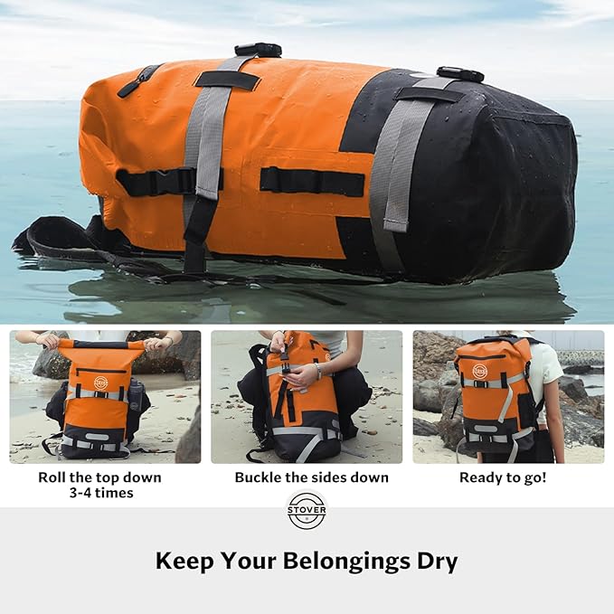 STOVER 30/40/55L Waterproof Dry Backpack & Phone Case- X-Large Floating Dry Bag for Kayaking, Travel, Hiking, Fishing, Camping, Motorcycles & Beach, Heavy-Duty Roll Top Men/Women (Orange) - Image 4