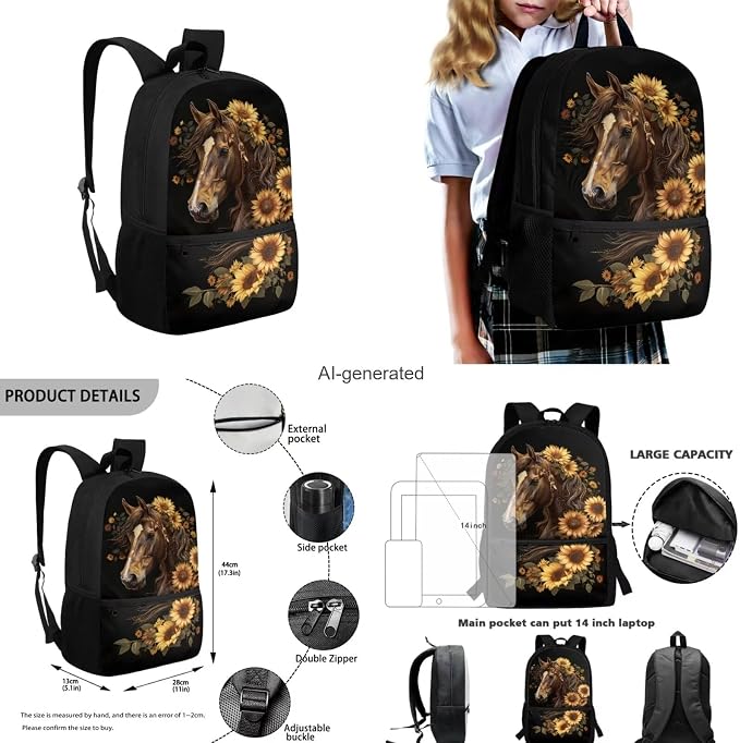 Sunflower Horse Backpack for Girls Kids Backpack with Lunch Box Water Bottle Pouch and Soft Pencil Case 4PCS Set Bookbag with Front Pocket for School Teens 17 inch School Bag with Side Pocket - Image 3