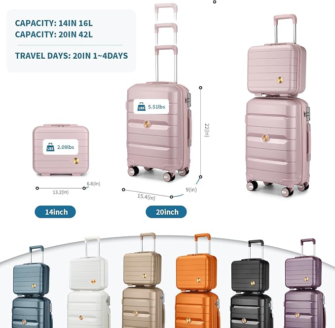 Somago 20" Carry On Luggage and 14" Mini Cosmetic Cases Travel Set Lightweight Polypropylene Suitcase with TSA Lock YKK Zipper Hardside Luggage with Spinner Wheels (2 Piece Set, Nude Pink) - Image 7