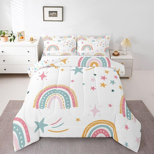 Erosebridal Rainbow Duvet Insert King Cartoon Rainbow Comforter Set, Colorful Iridescent Confetti Bedding Set for Kids Boys Girls Teens Women Bedroom Decor, Hand Drawn Quilt with 2 Pillow Cases by Erosebridal