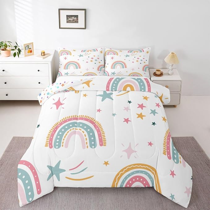 Erosebridal Rainbow Duvet Insert King Cartoon Rainbow Comforter Set, Colorful Iridescent Confetti Bedding Set for Kids Boys Girls Teens Women Bedroom Decor, Hand Drawn Quilt with 2 Pillow Cases by Erosebridal